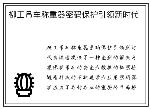 柳工吊车称重器密码保护引领新时代