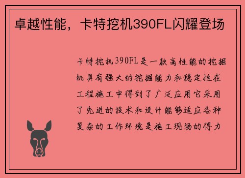 卓越性能，卡特挖机390FL闪耀登场