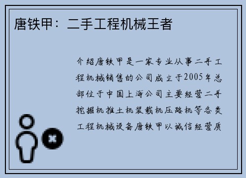 唐铁甲：二手工程机械王者